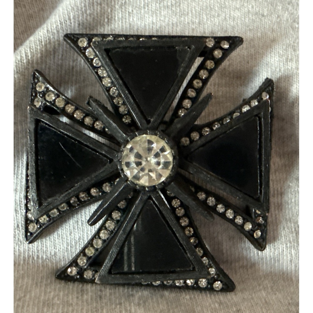 Vintage Selini Black Enamel Maltese Cross Rhinestone Brooch Pin Signed US Made